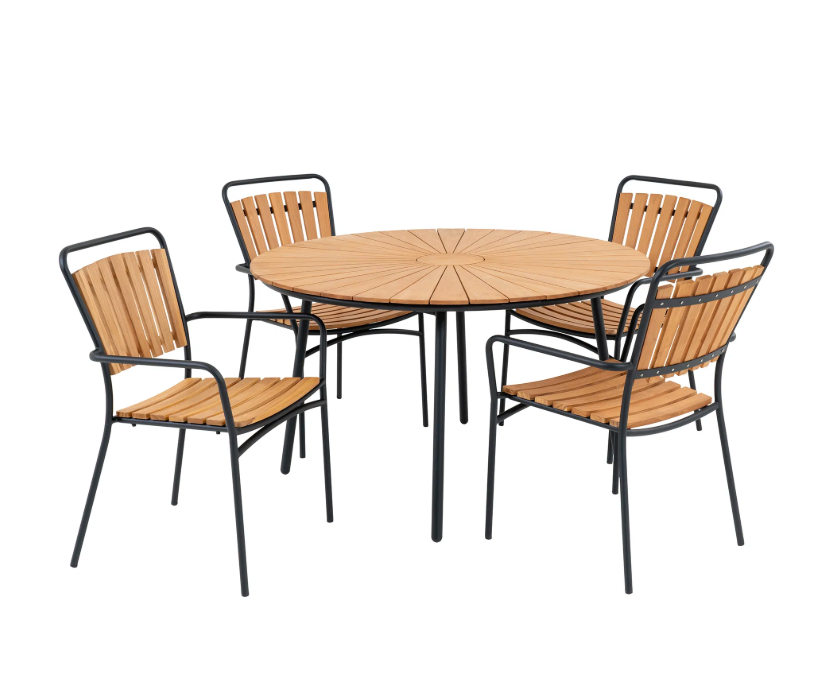 House Nordic, Cleveland Tuinset, Teakhout & Zwart Metaal, Naturel/Zwart